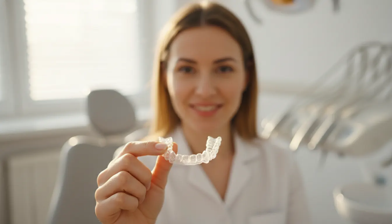 Professional woman holding transparent clear aligners in a modern dental clinic consultation room with natural lighting